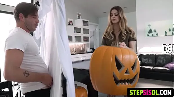 Two thin girls with small breasts want to prepare for the Halloween party and want to have sex with their stepbrother who has a big dick