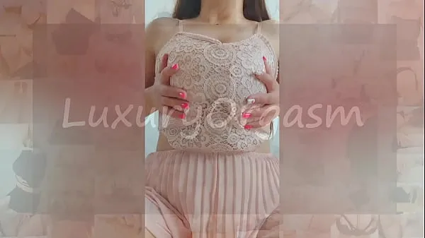 Show Pretty girl in pink dress and brown hair plays with her big tits - LuxuryOrgasm energy Clips